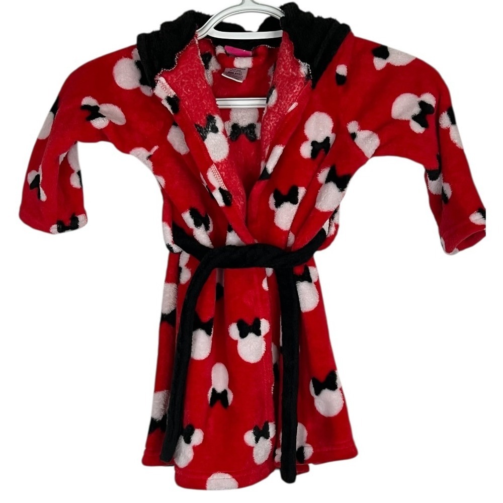 Disney Minnie Mouse Girls Red Fleece Hooded Bathrobe with Bow Ears - Size 2T/3T